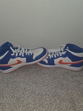 Nike Mid-Top Sneakers in Blue White and Orange Swoosh Dunks - jordans